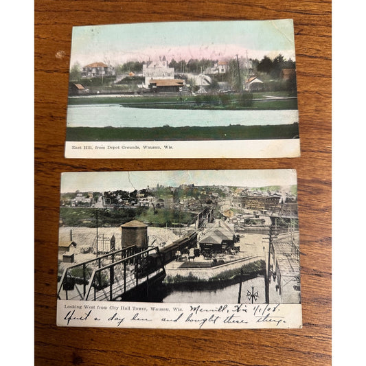 Vintage (2) Wausau Wisconsin Wis Original Postcards Railroad Depot Tower