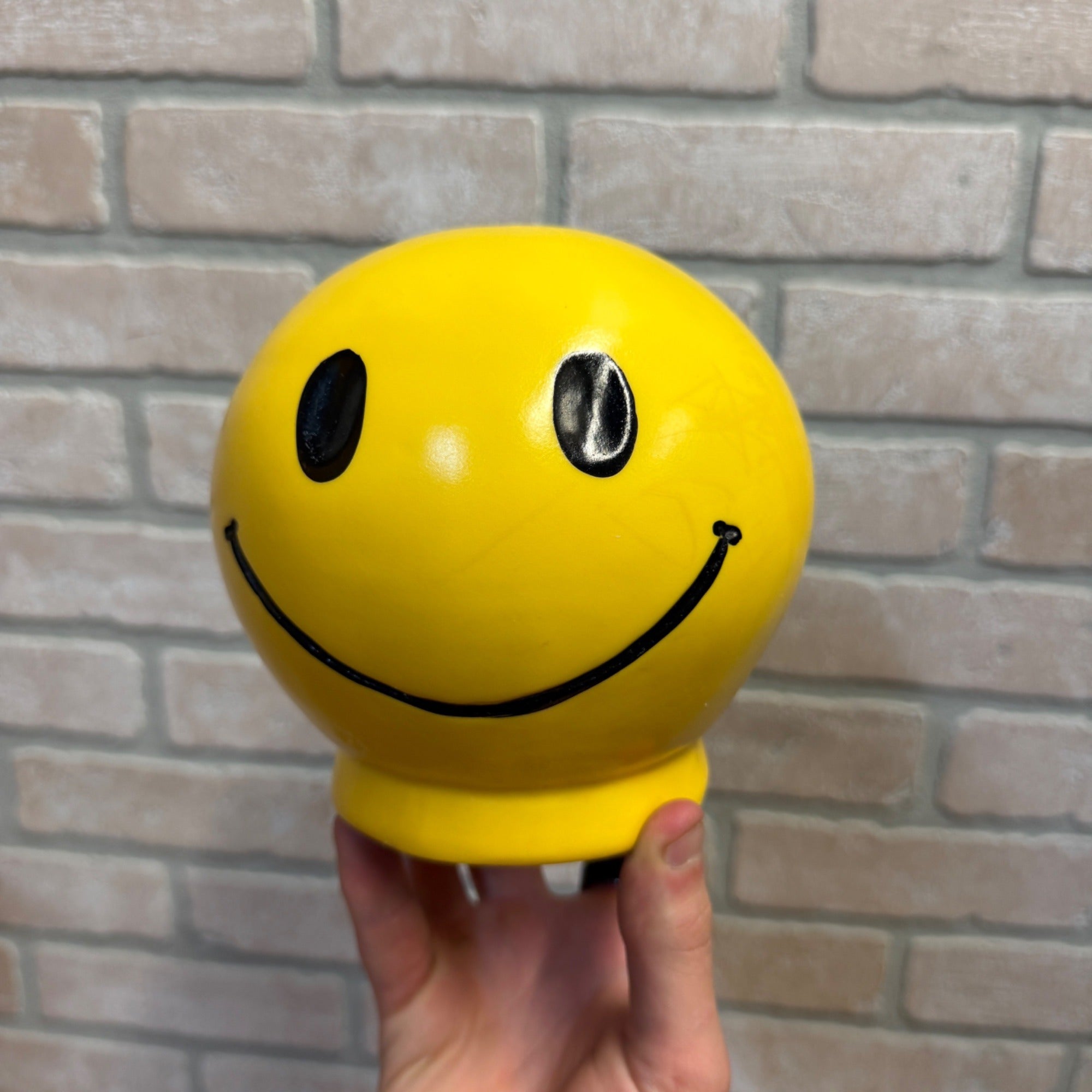 Vintage Plastic Blow Mold Yellow Smiley Face Savings Bank Roy Industries 1972 Hippie