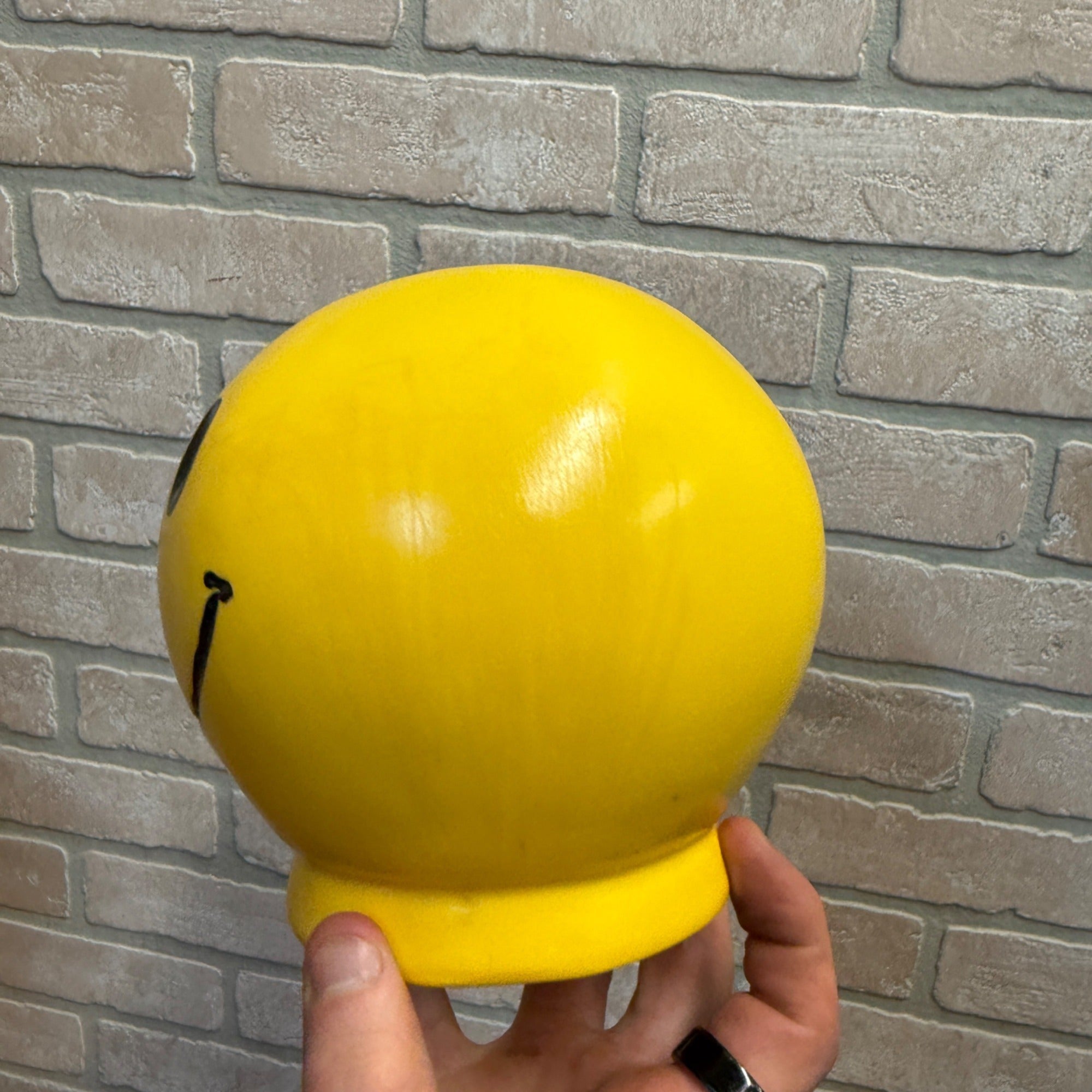 Vintage Plastic Blow Mold Yellow Smiley Face Savings Bank Roy Industries 1972 Hippie