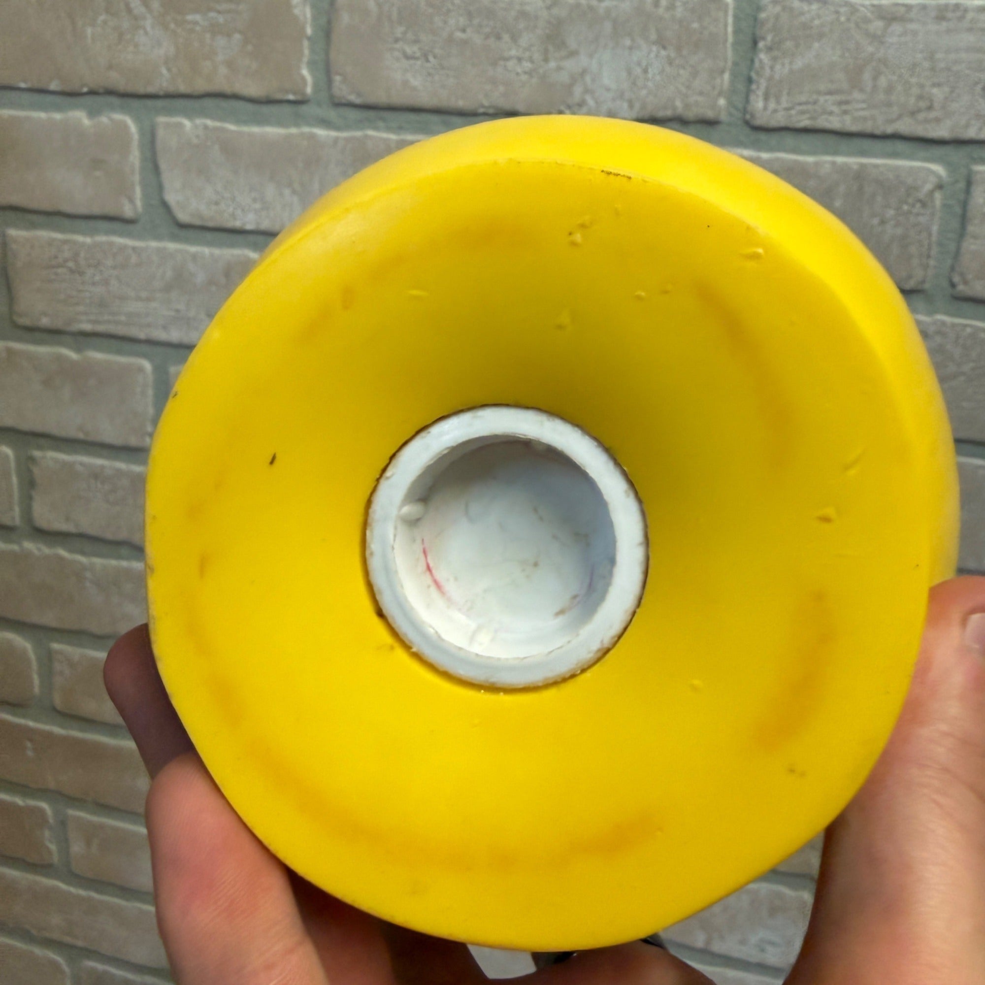 Vintage Plastic Blow Mold Yellow Smiley Face Savings Bank Roy Industries 1972 Hippie
