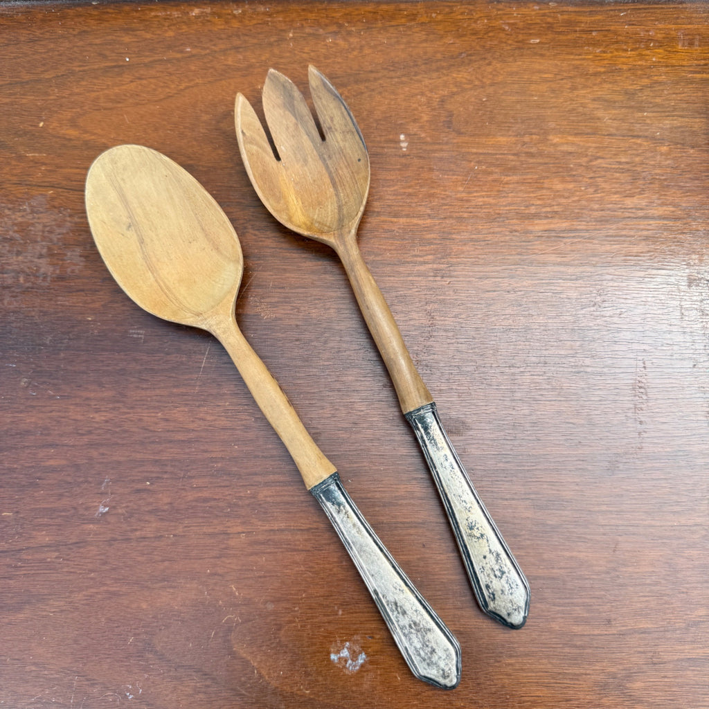 Vintage FRANCE Wood w/ Sterling Handles Salad Serving Fork & Spoon Set