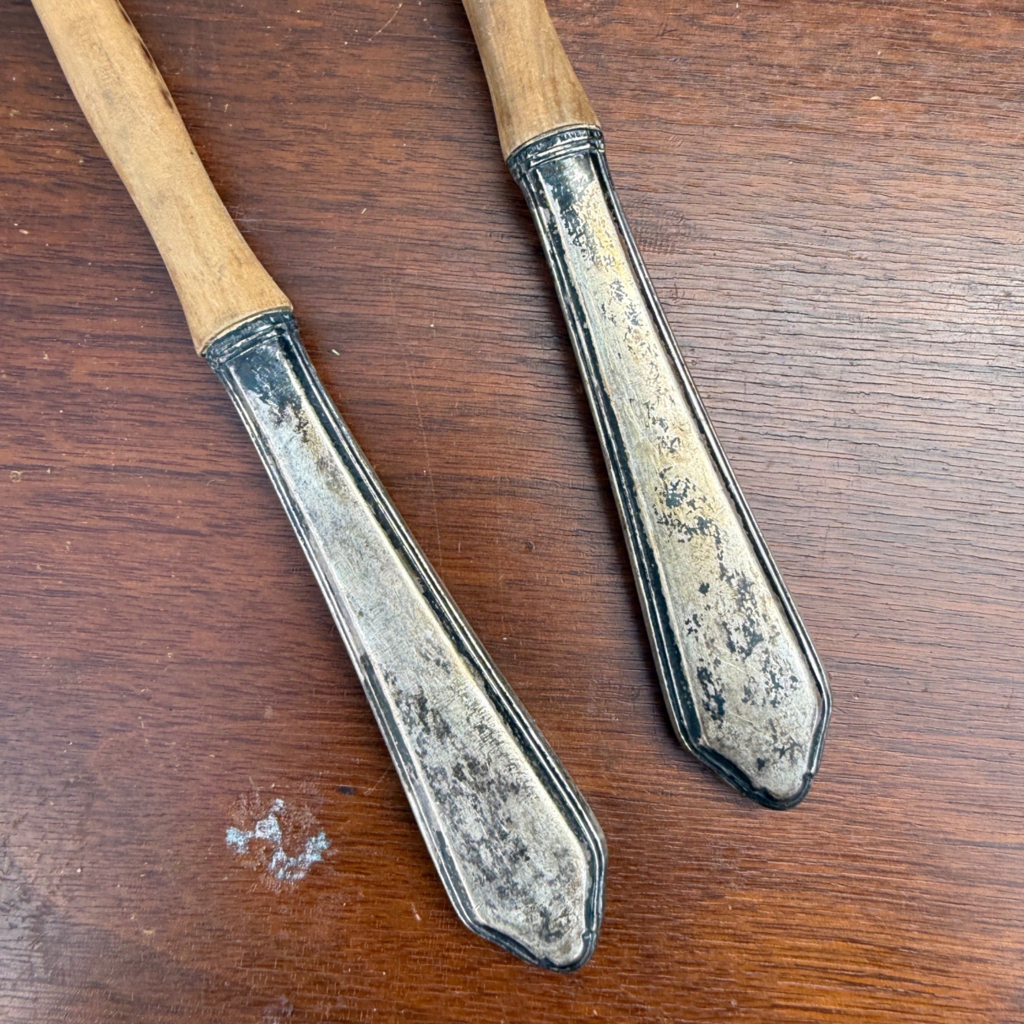 Vintage FRANCE Wood w/ Sterling Handles Salad Serving Fork & Spoon Set