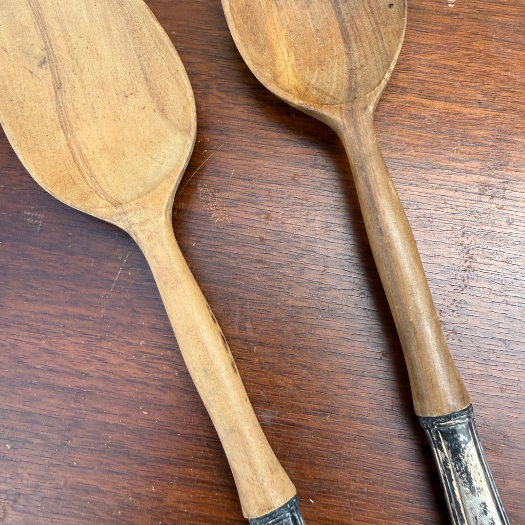 Vintage FRANCE Wood w/ Sterling Handles Salad Serving Fork & Spoon Set