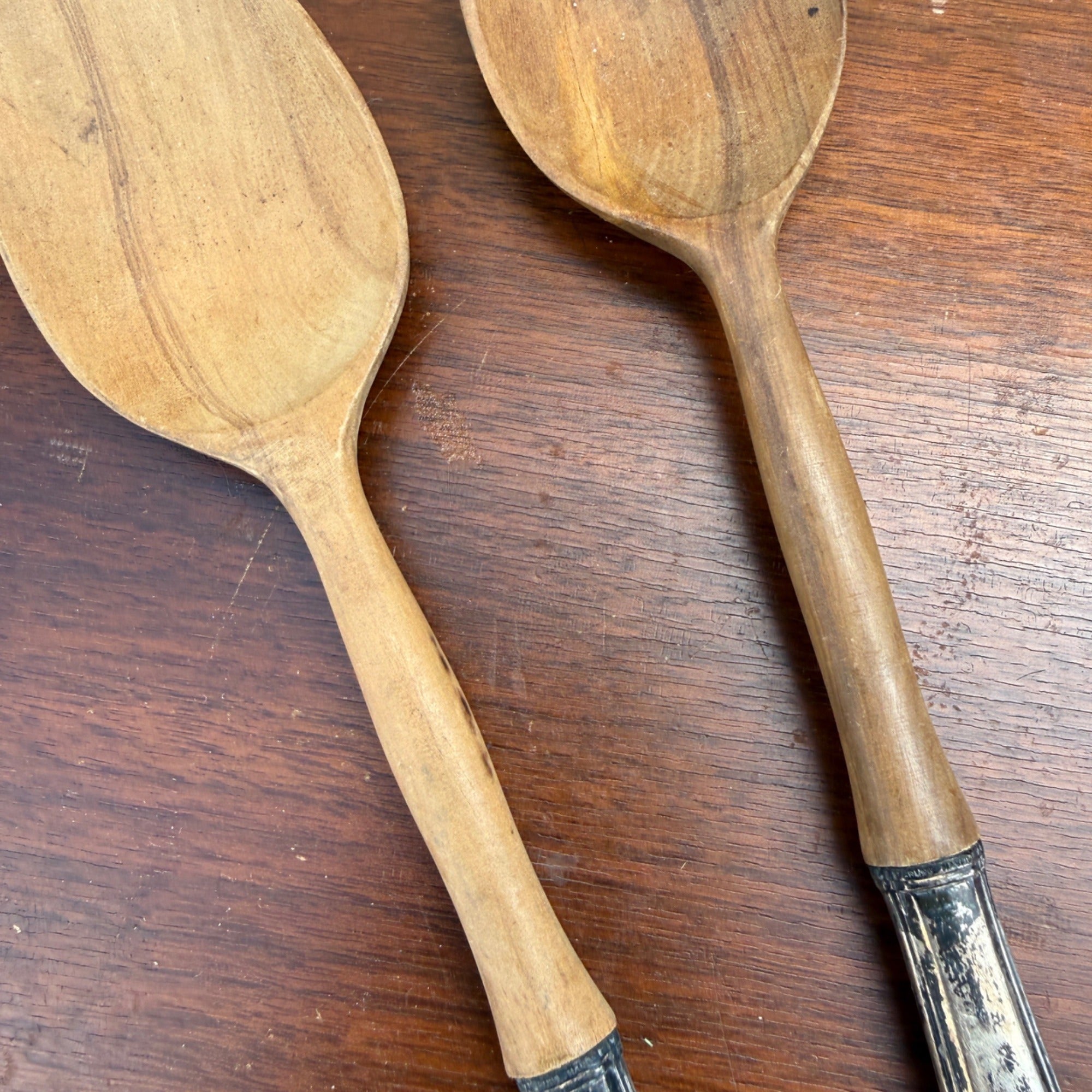 Vintage FRANCE Wood w/ Sterling Handles Salad Serving Fork & Spoon Set