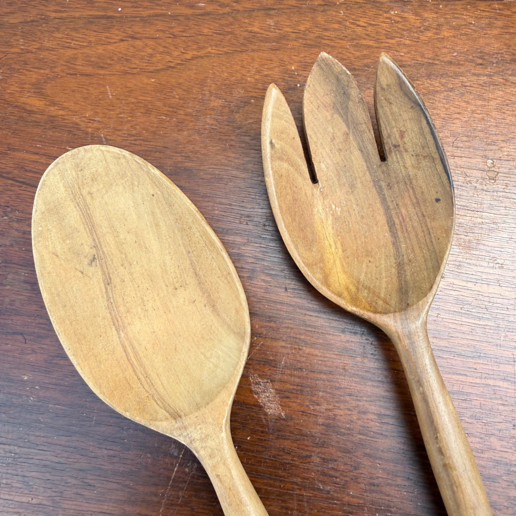 Vintage FRANCE Wood w/ Sterling Handles Salad Serving Fork & Spoon Set