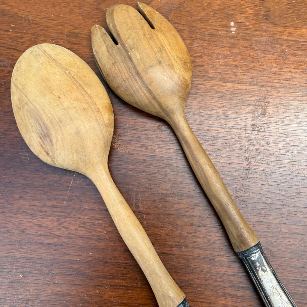 Vintage FRANCE Wood w/ Sterling Handles Salad Serving Fork & Spoon Set