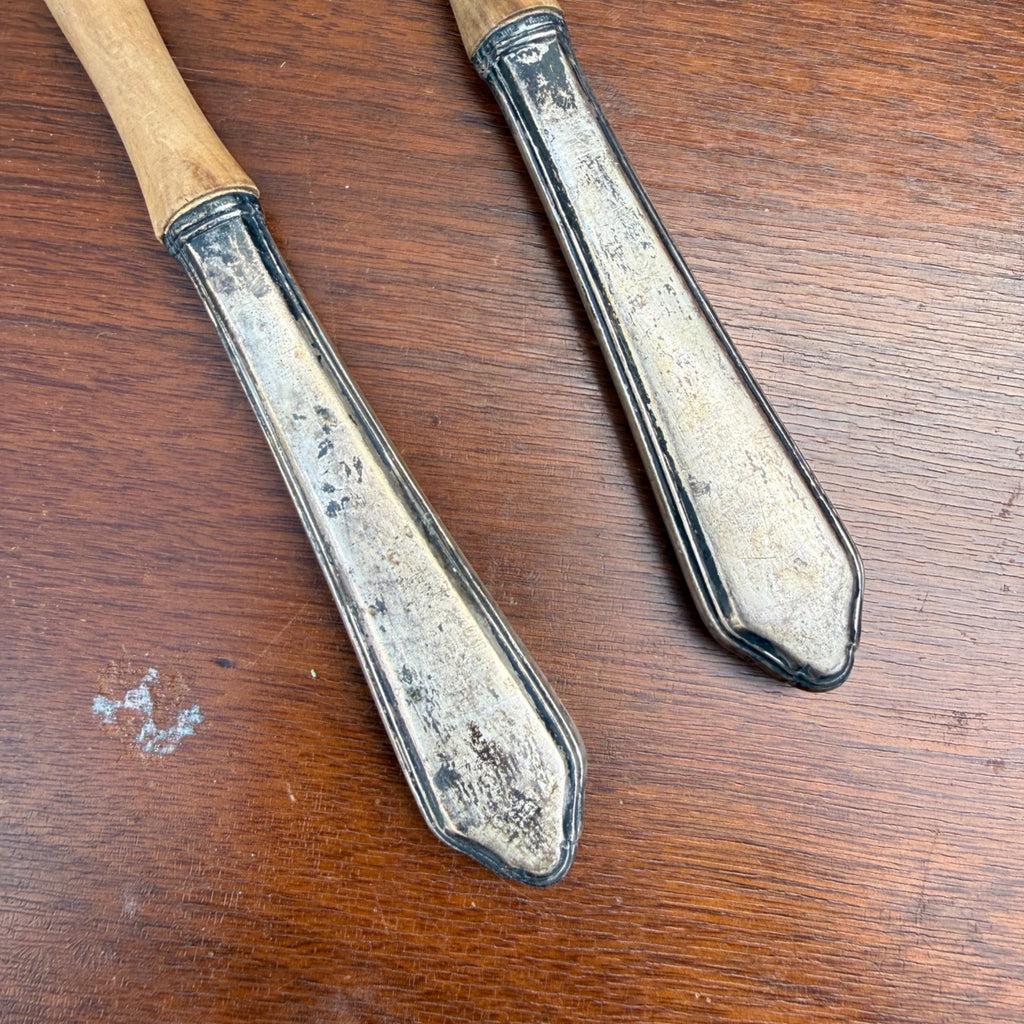 Vintage FRANCE Wood w/ Sterling Handles Salad Serving Fork & Spoon Set