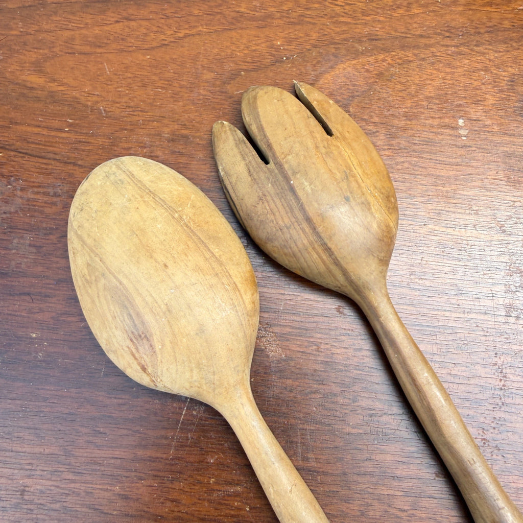 Vintage FRANCE Wood w/ Sterling Handles Salad Serving Fork & Spoon Set