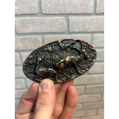 Vintage AJ Dezy Mountain Deer or Elk Solid Brass Belt Buckle