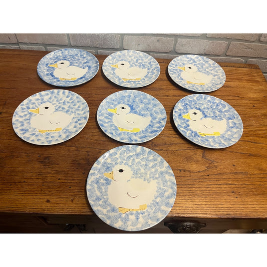 Vintage Set of (7) Ceramic Duck Dinner Plates Whimsical Cottagecore Hand-Painted