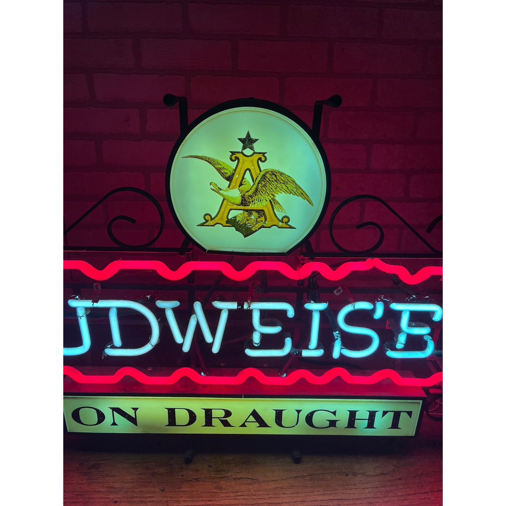 RARE Vintage 1950s Budweiser Beer On Draught Neon Lighted Bar Sign w/ Scrollwork