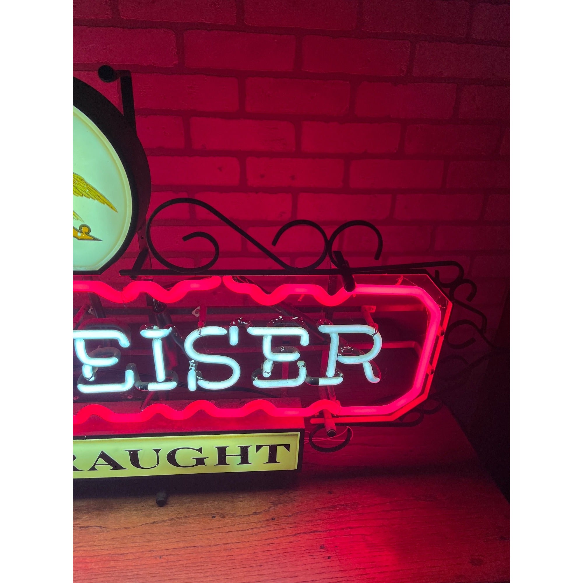 RARE Vintage 1950s Budweiser Beer On Draught Neon Lighted Bar Sign w/ Scrollwork
