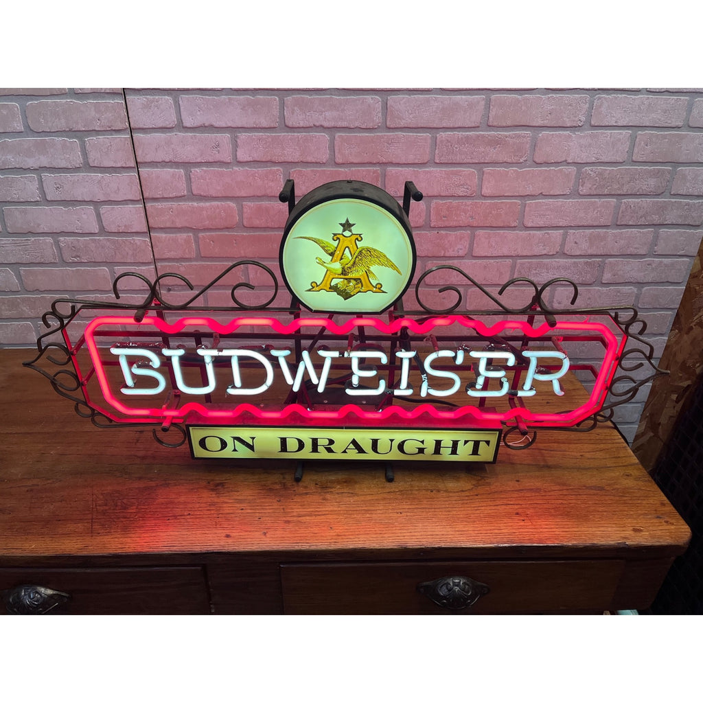 RARE Vintage 1950s Budweiser Beer On Draught Neon Lighted Bar Sign w/ Scrollwork