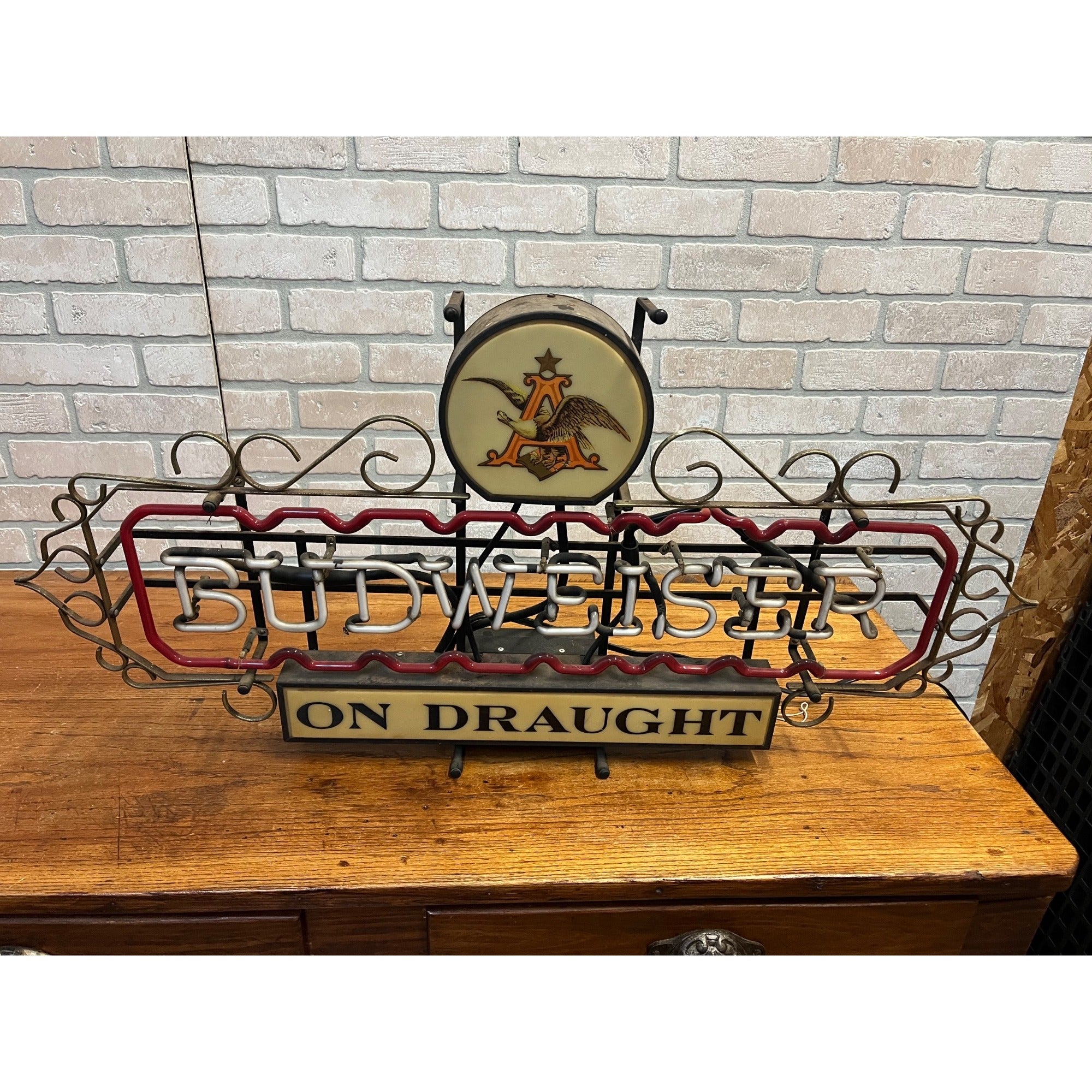 RARE Vintage 1950s Budweiser Beer On Draught Neon Lighted Bar Sign w/ Scrollwork
