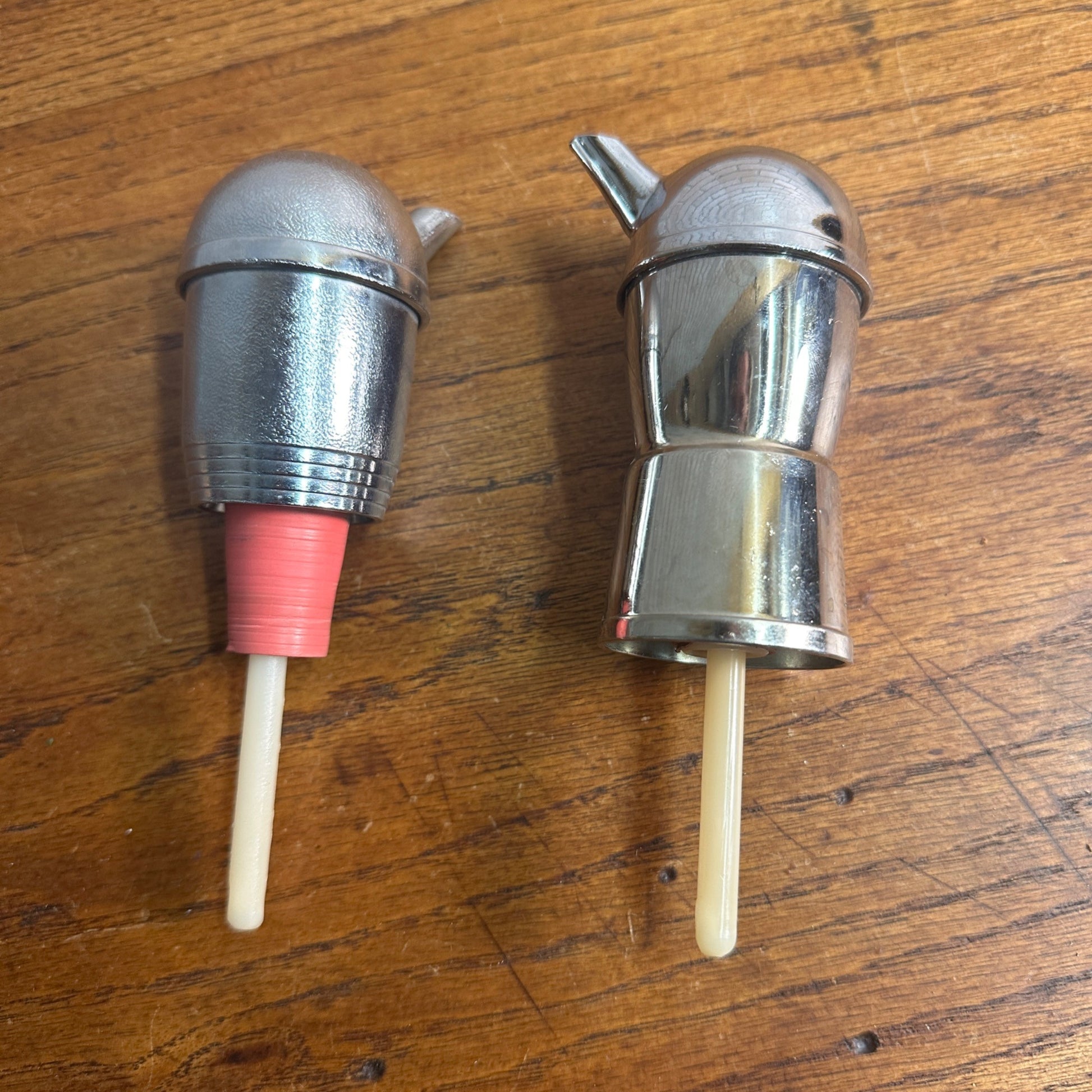 Vintage MCM Atomic Chrome Liquor Bottle Pour Spouts Pair Lot (2)