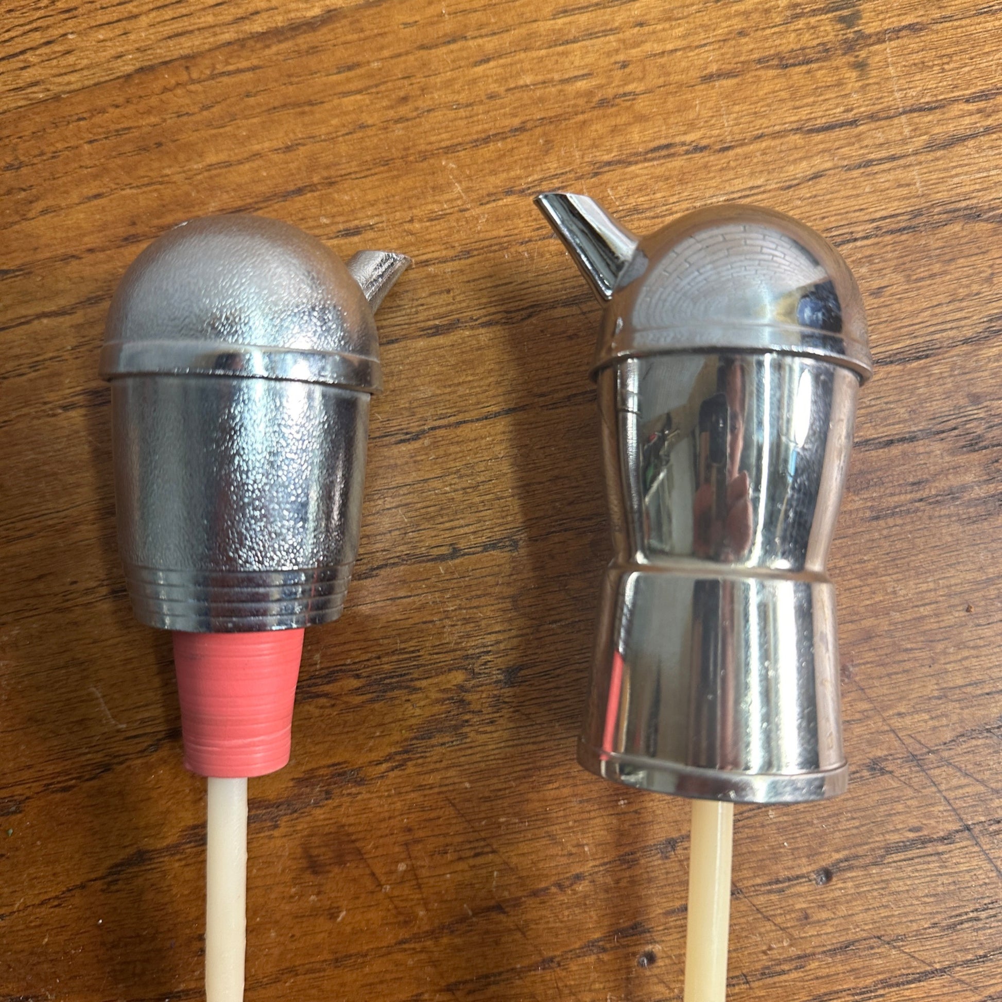 Vintage MCM Atomic Chrome Liquor Bottle Pour Spouts Pair Lot (2)