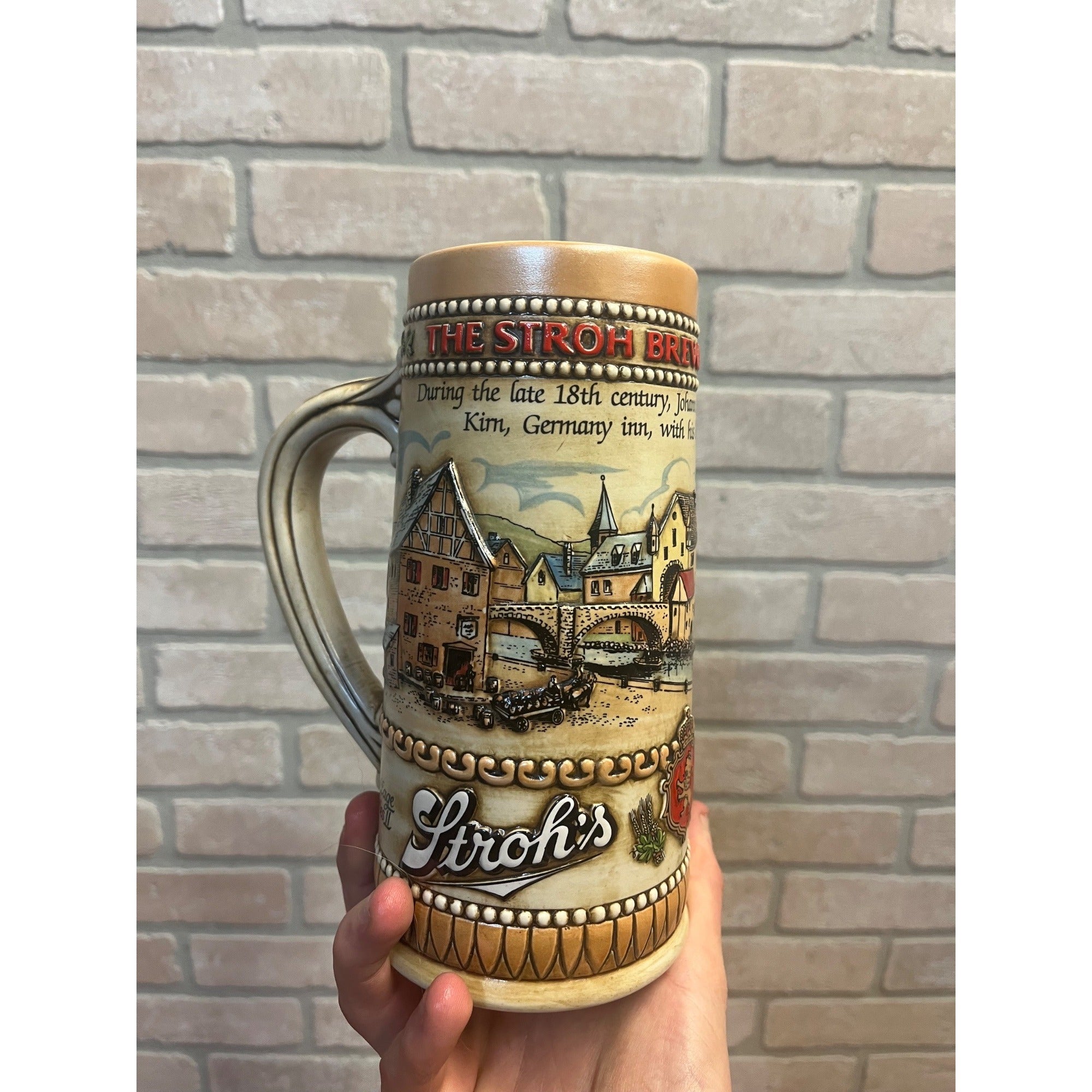 Vintage Stroh’s Beer Stein Mug German Brewery Advertising Stoneware Tankard Germany