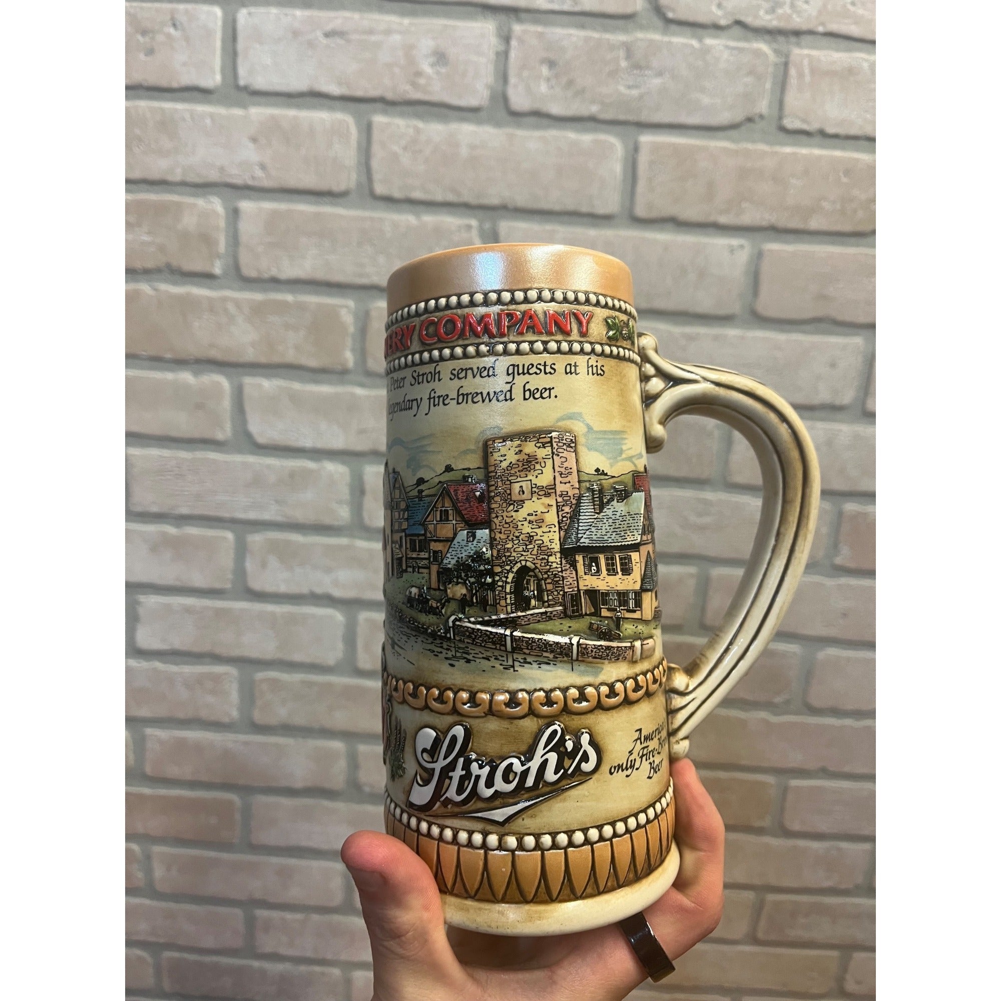 Vintage Stroh’s Beer Stein Mug German Brewery Advertising Stoneware Tankard Germany