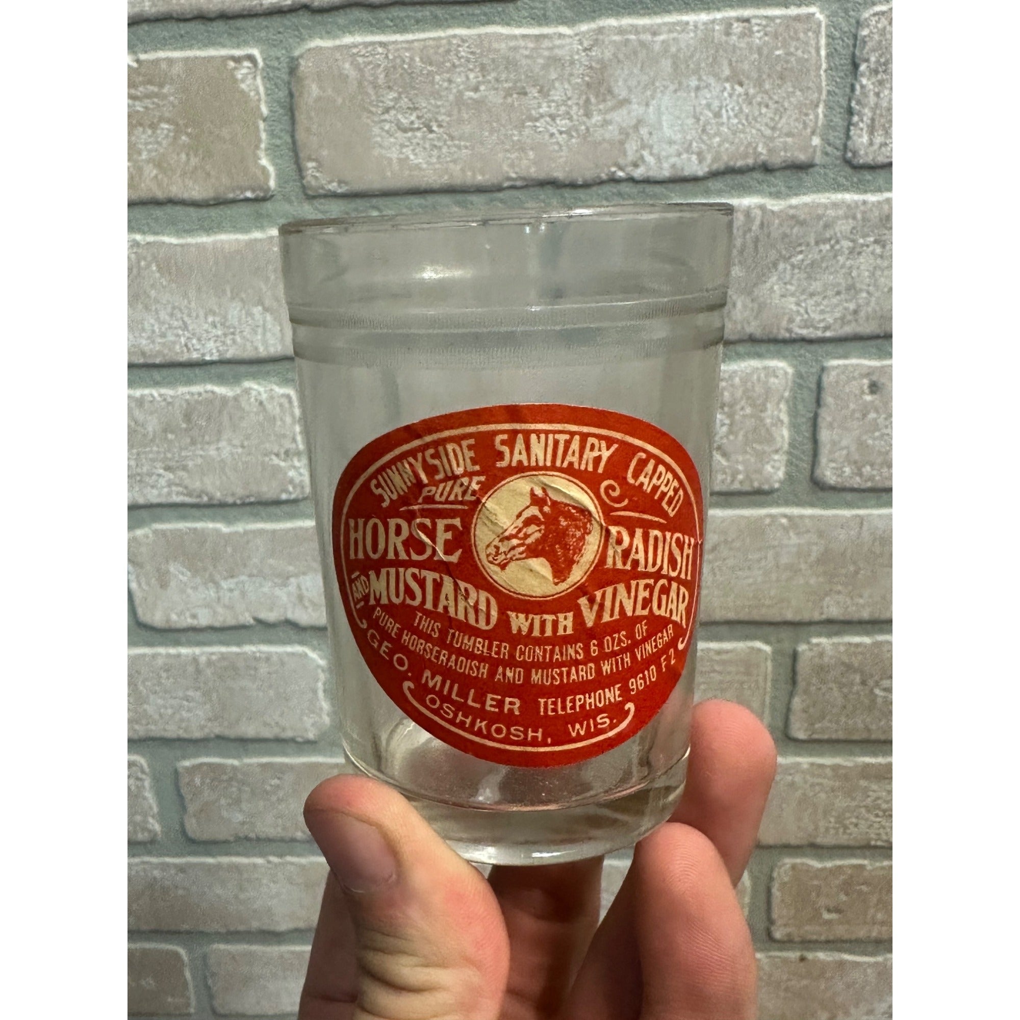 Vintage Early 1900s Sunnyside Sanitary Horse Radish Jar Oshkosh Wisconsin WI Miller