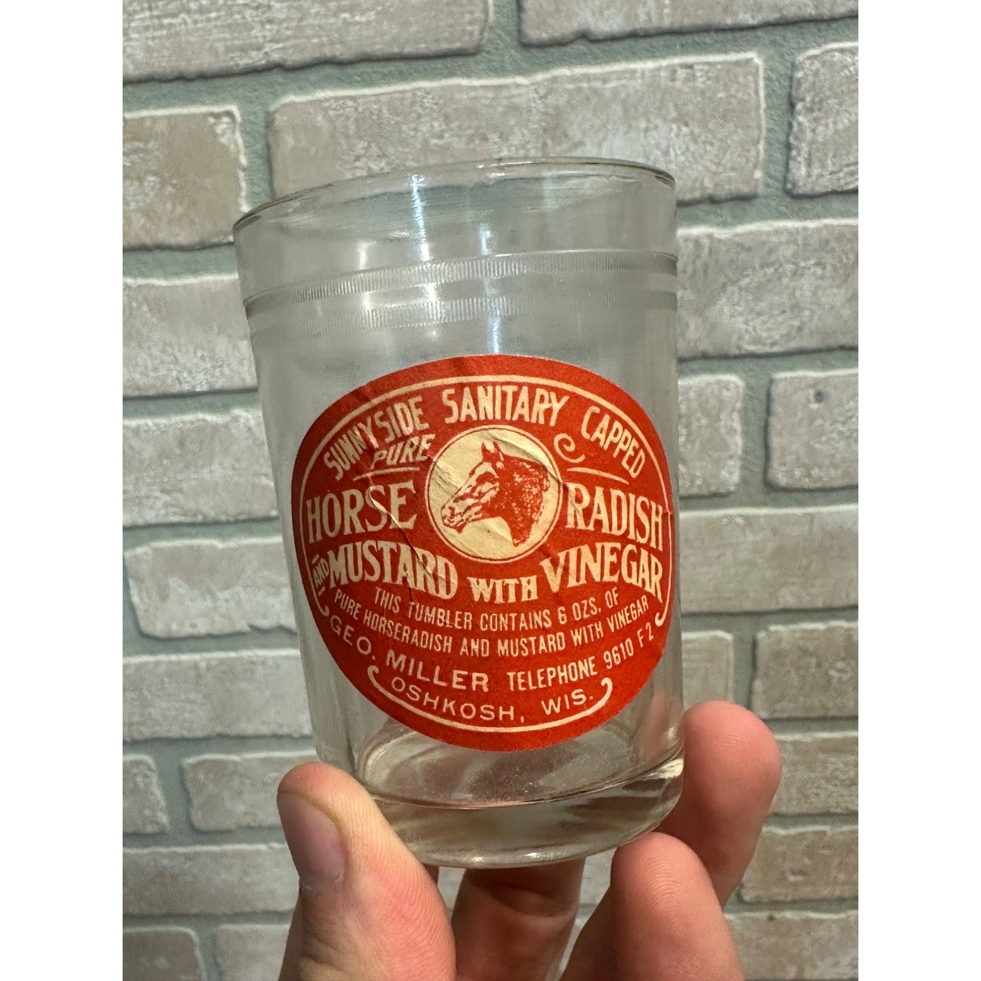 Vintage Early 1900s Sunnyside Sanitary Horse Radish Jar Oshkosh Wisconsin WI Miller