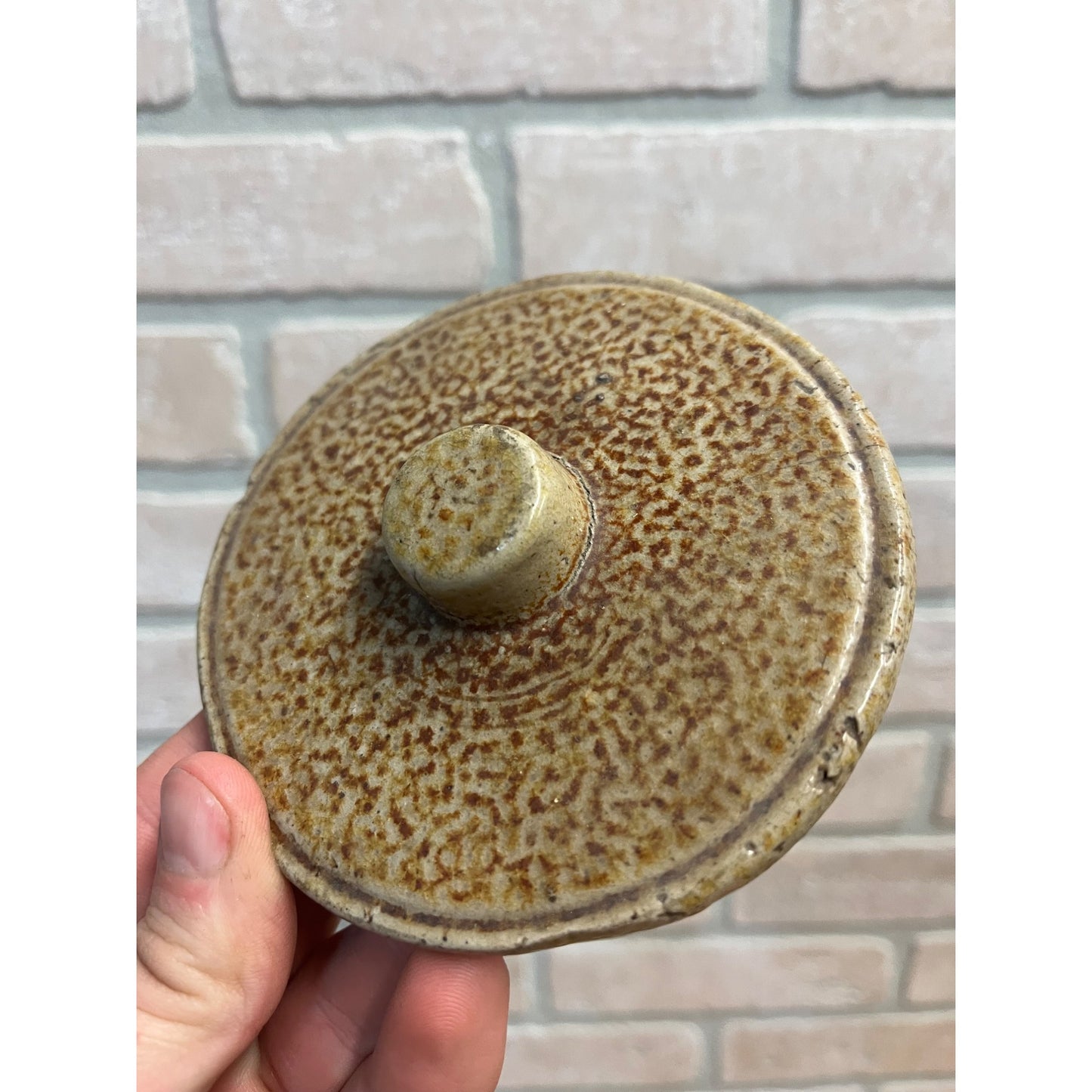 Antique Primitive Speckled Stoneware Preserves Jar Lid Cover Crock Snuff
