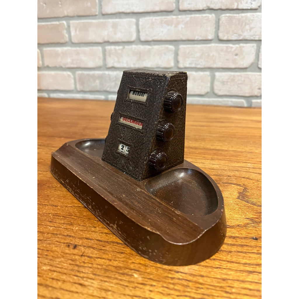 Vintage 1930s Perpetual Calendar Art Deco Pen Holder Desk Organizer Wood Base