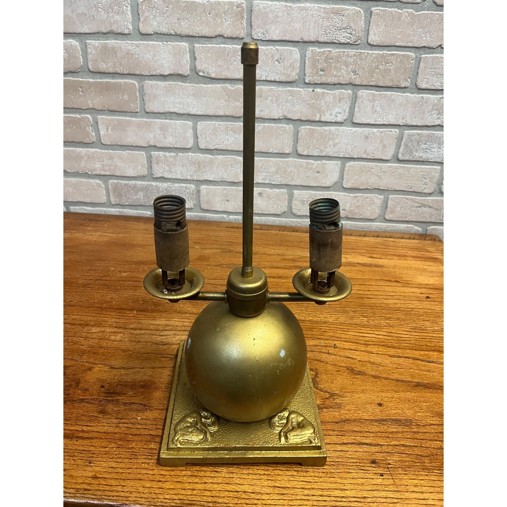 Antique Neoclassical Art Deco Gold Double Table Lamp W Figural Base Parts Repair