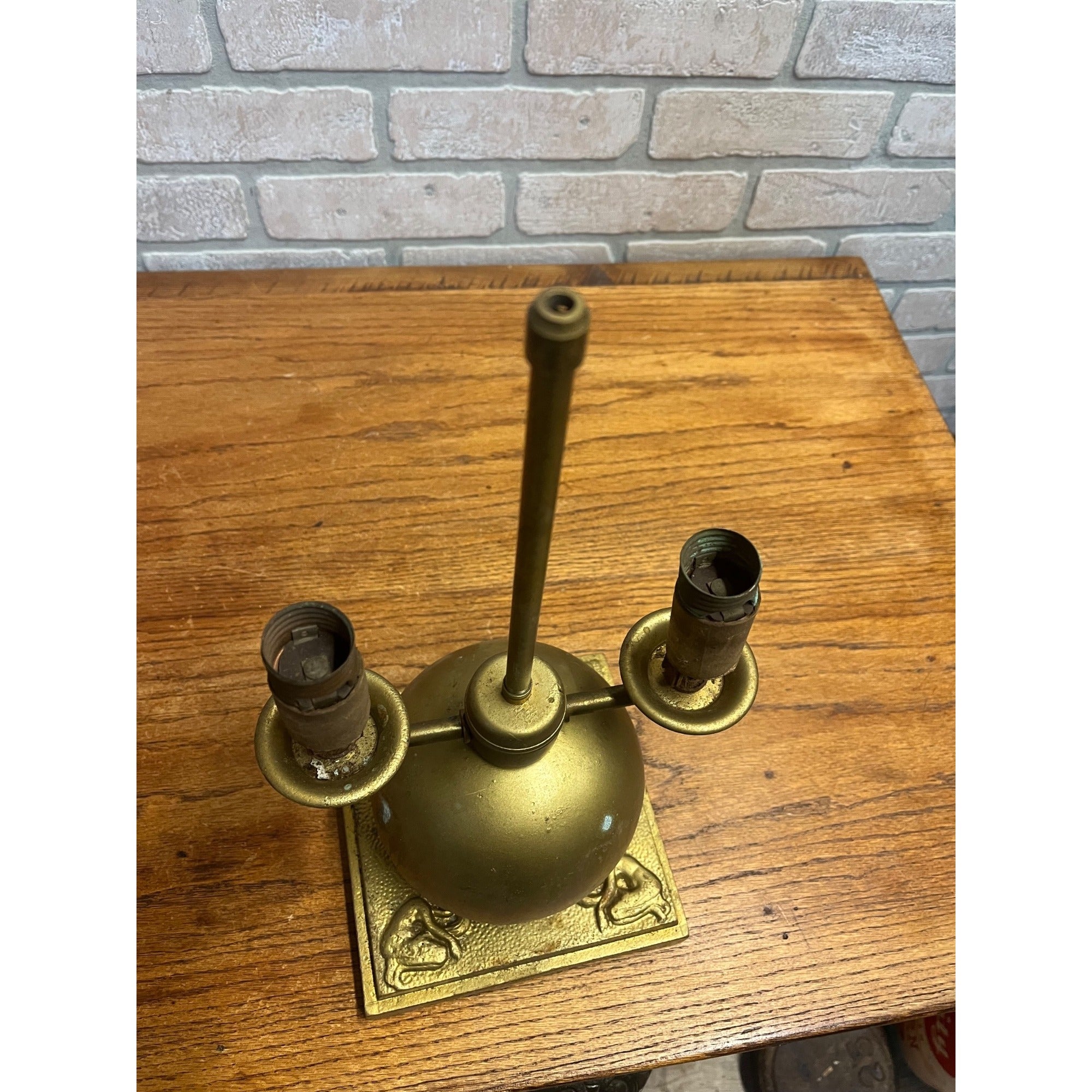 Antique Neoclassical Art Deco Gold Double Table Lamp W Figural Base Parts Repair