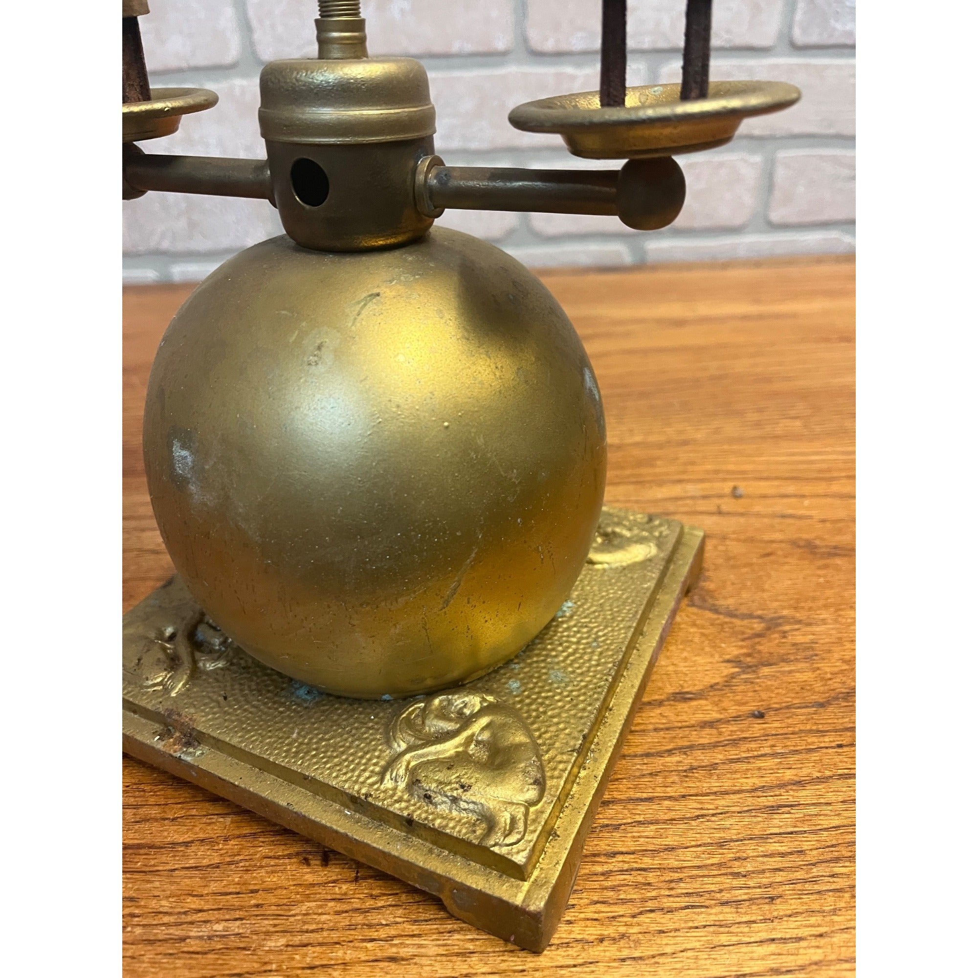 Antique Neoclassical Art Deco Gold Double Table Lamp W Figural Base Parts Repair