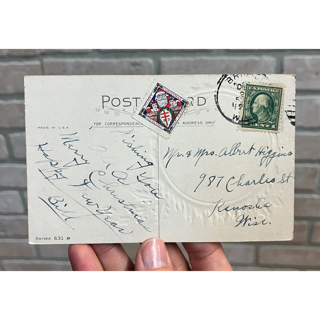 Vintage 1921 Christmas Religious Postcard w/ Christmas Seal Tied US American Red Cross