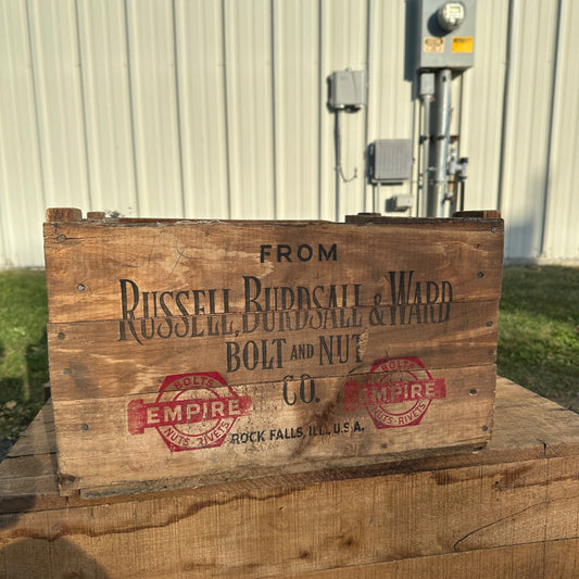 Vintage Russell, Burdsall, & Ward Bolt And Nut Co. Rock Falls, IL Wooden Crate