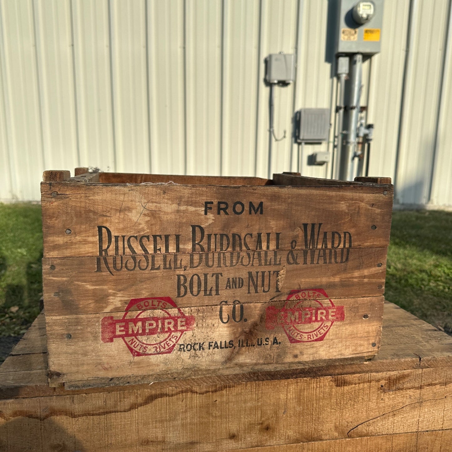 Vintage Russell, Burdsall, & Ward Bolt And Nut Co. Rock Falls, IL Wooden Crate