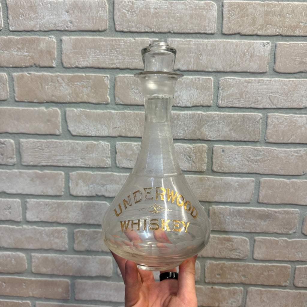 Underwood Whiskey Gold Etched 1900s Back Bar Liquor Glass Decanter Scarce Barware Whisky