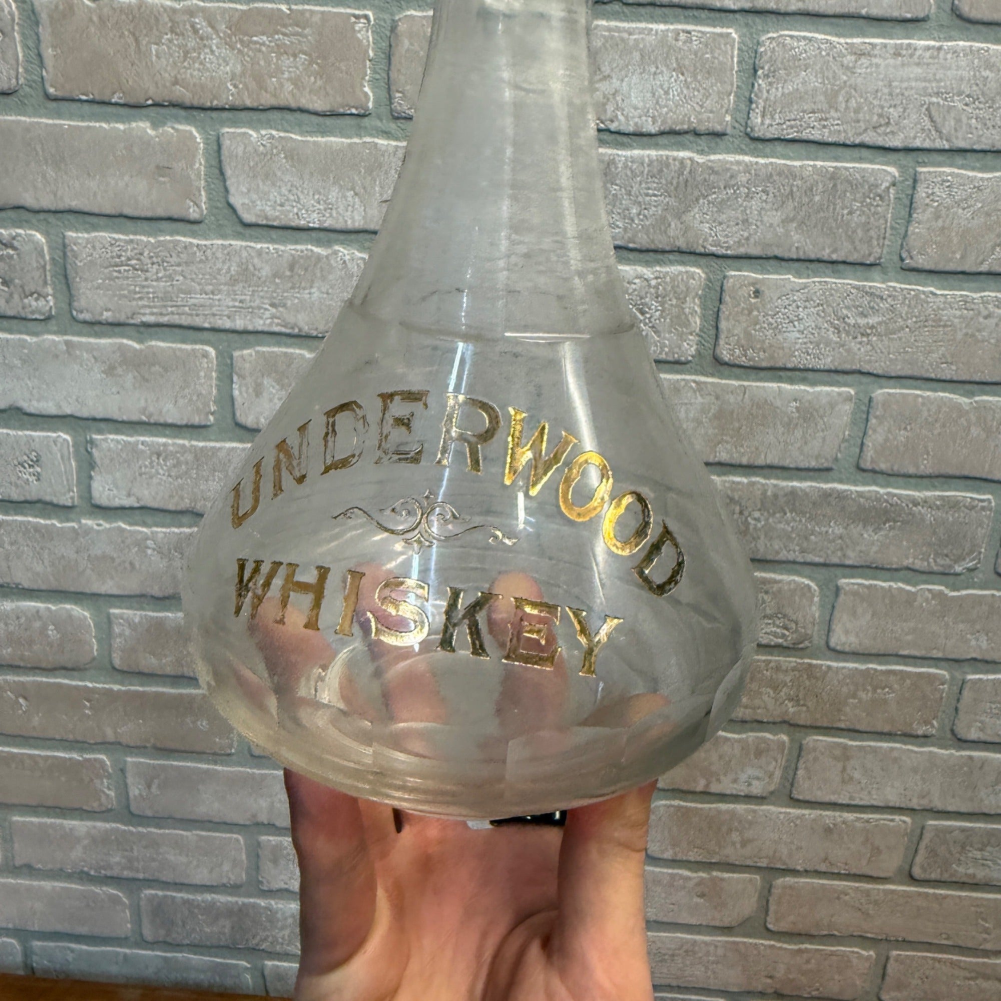 Underwood Whiskey Gold Etched 1900s Back Bar Liquor Glass Decanter Scarce Barware Whisky