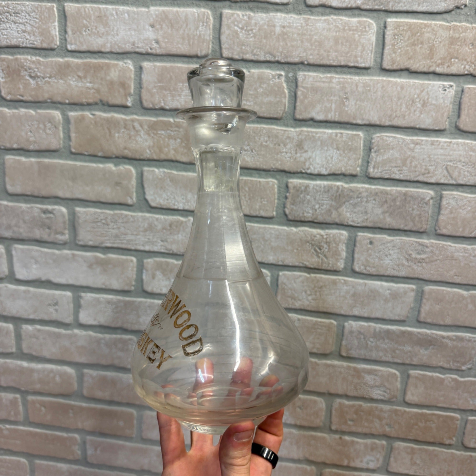 Underwood Whiskey Gold Etched 1900s Back Bar Liquor Glass Decanter Scarce Barware Whisky