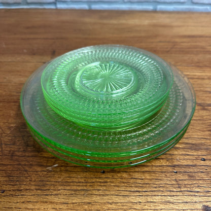 8pc Uranium Glass 6-1/4" Dessert & 8-1/2" Dinner Plate Set Green Depression Glass