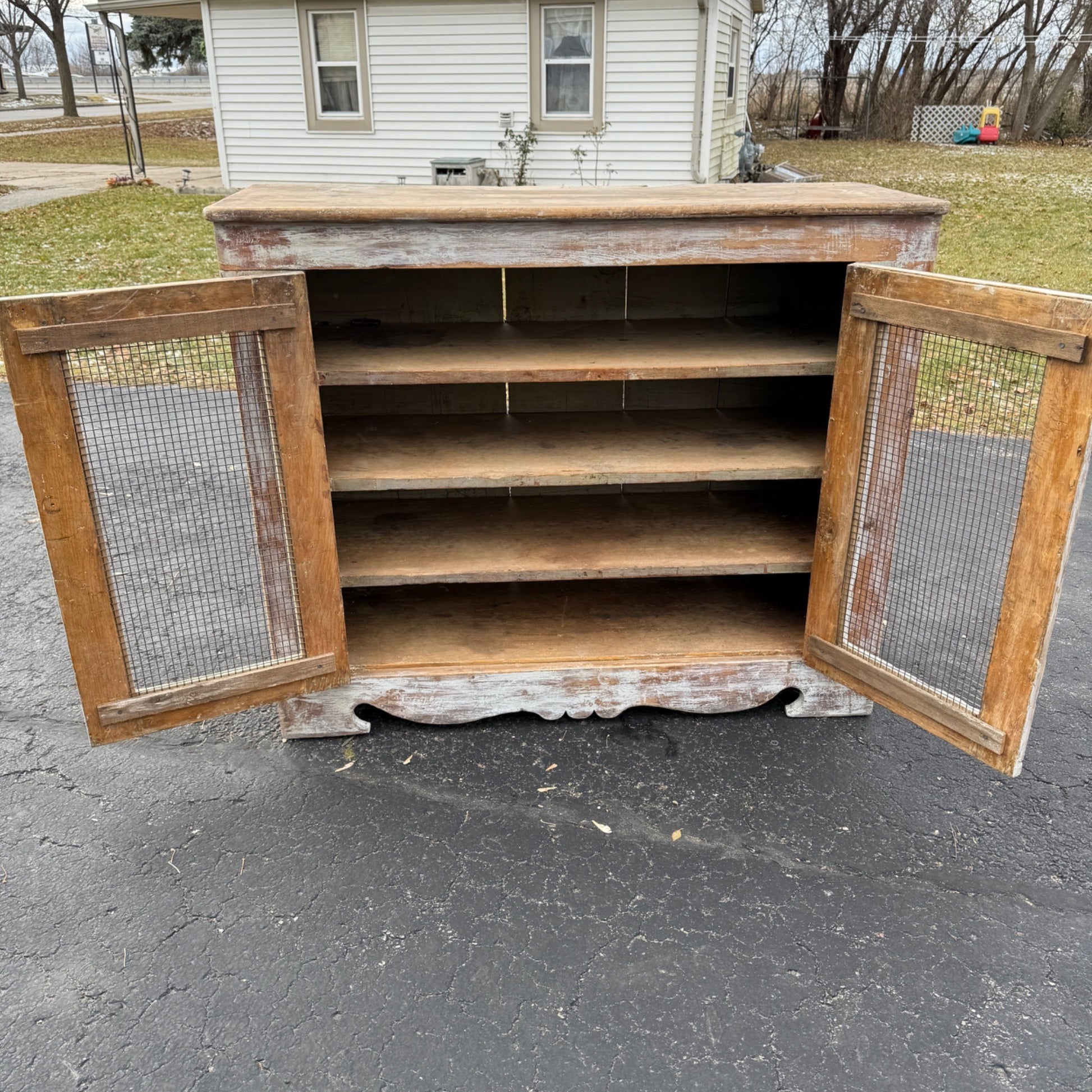 Antique Primitive Cabinet Kitchen Cupboard Chippy White Sideboard Buffet