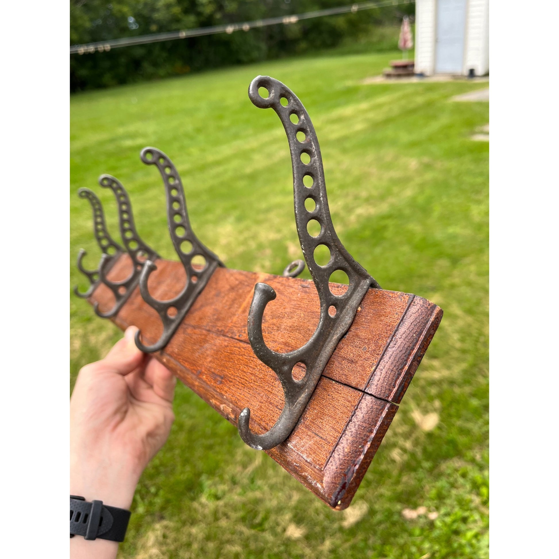 Antique Vintage Coat Hook Wall Mount Rail w/ 4 Cast Iron Triple Hooks