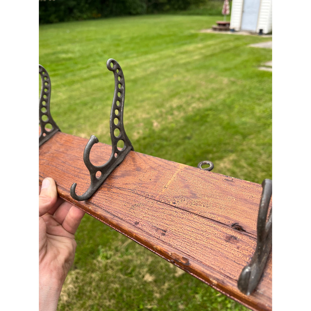 Antique Vintage Coat Hook Wall Mount Rail w/ 4 Cast Iron Triple Hooks