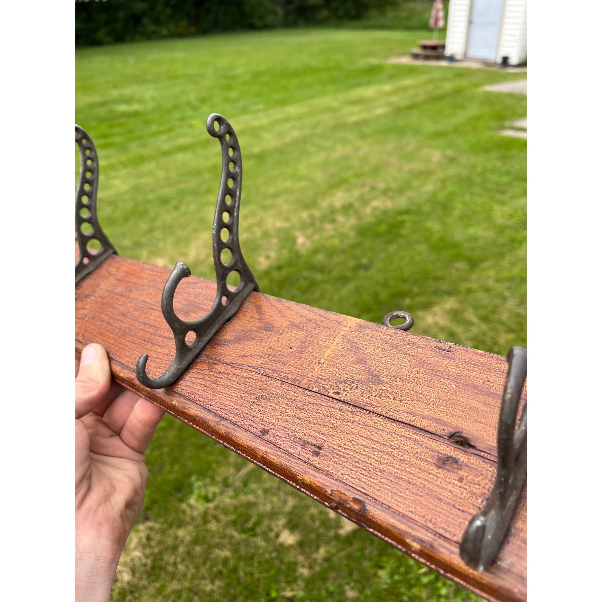 Antique Vintage Coat Hook Wall Mount Rail w/ 4 Cast Iron Triple Hooks
