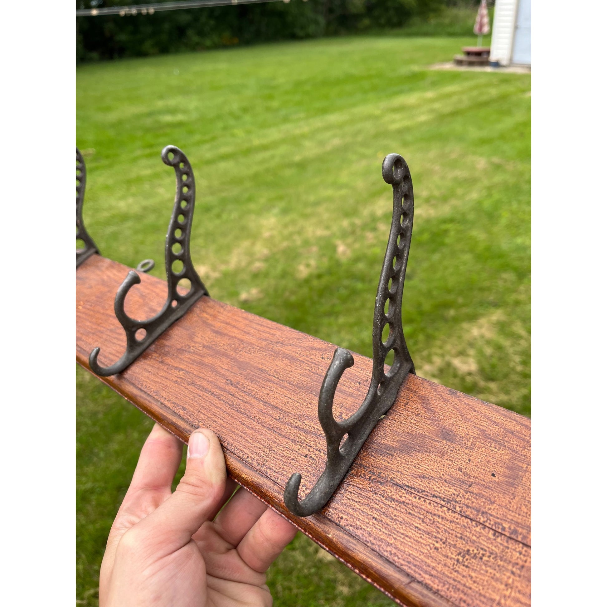Antique Vintage Coat Hook Wall Mount Rail w/ 4 Cast Iron Triple Hooks