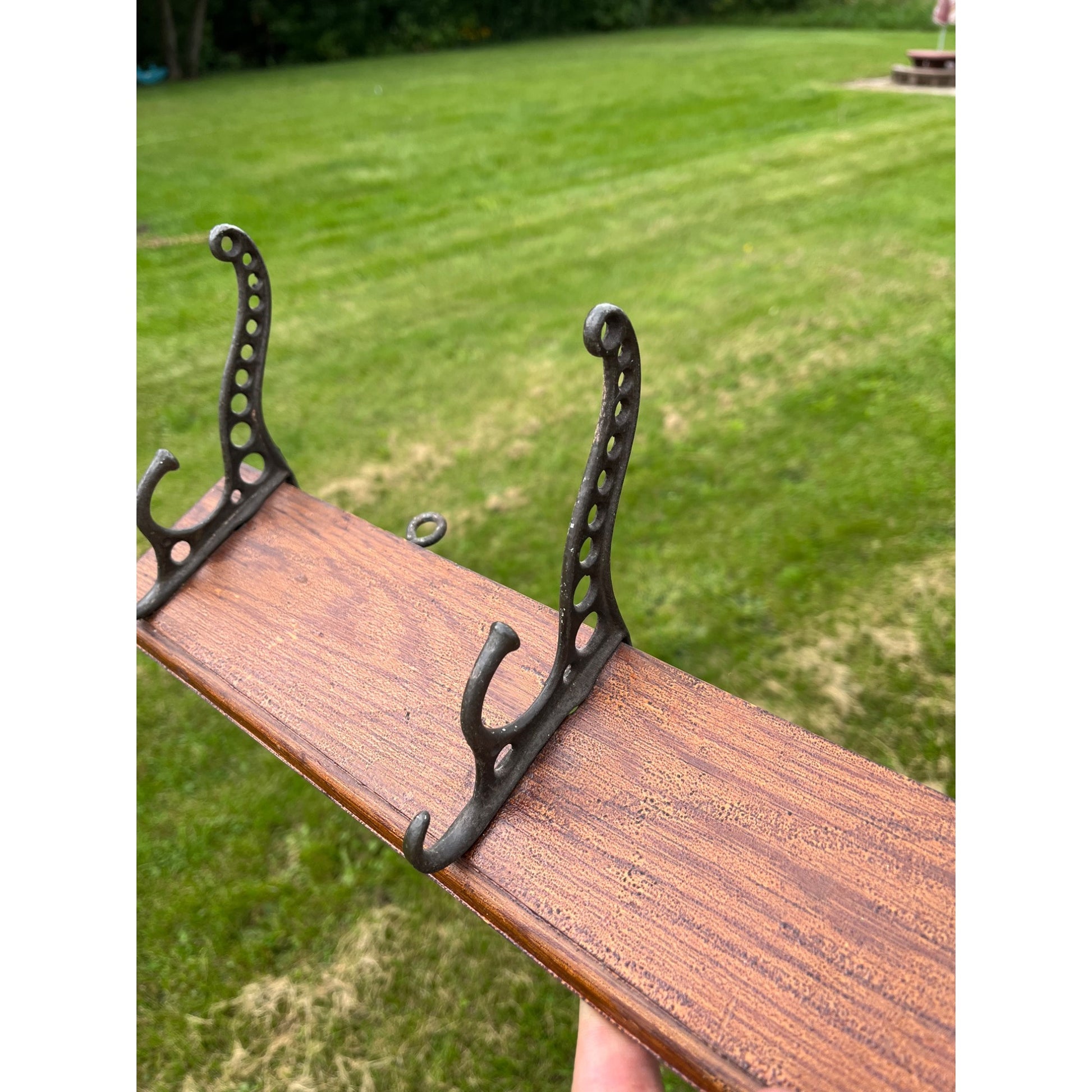 Antique Vintage Coat Hook Wall Mount Rail w/ 4 Cast Iron Triple Hooks