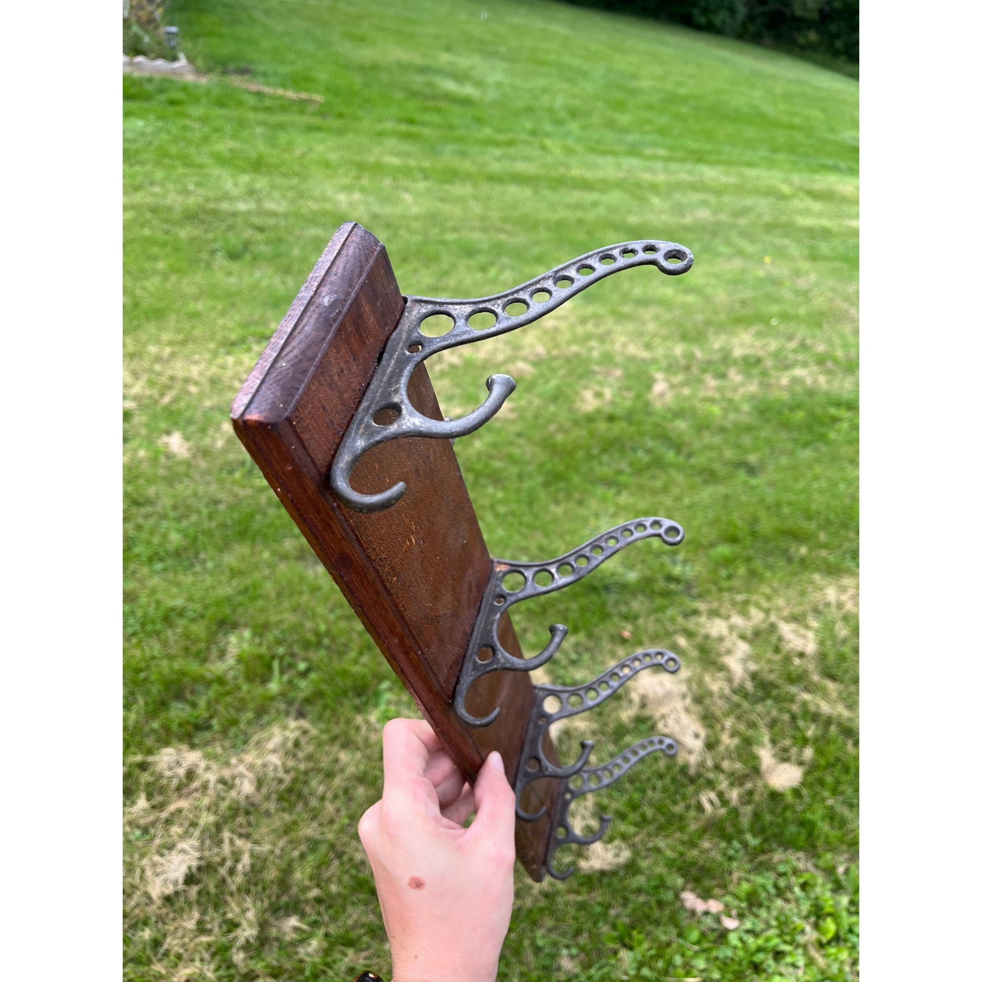 Antique Vintage Coat Hook Wall Mount Rail w/ 4 Cast Iron Triple Hooks