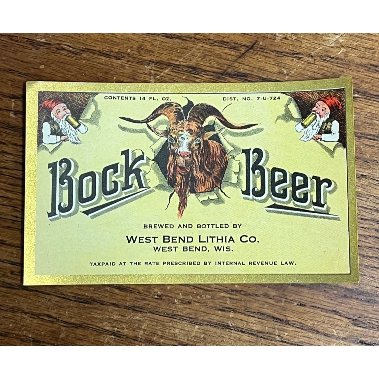 1930s West Bend Lithia Bock Beer Bottle Label IRTP Wis Wisconsin WI