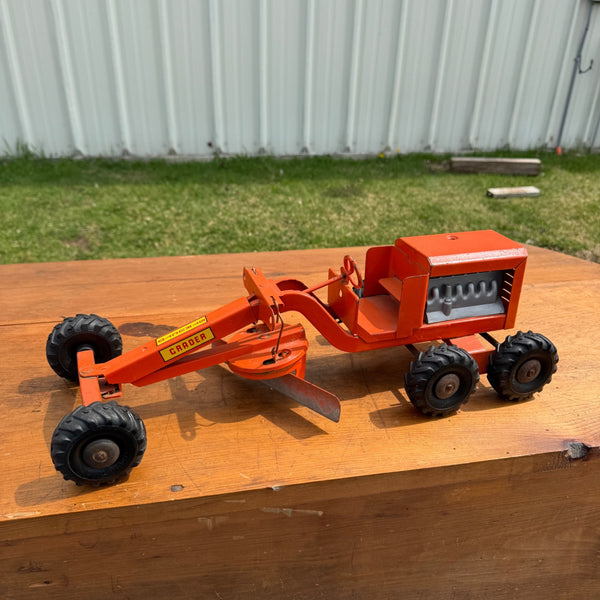 Vintage 1950s Structo Pressed Steel Toy Orange Construction Road Grader
