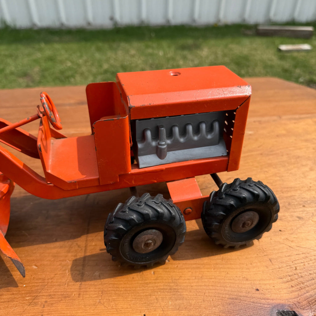 Vintage 1950s Structo Pressed Steel Toy Orange Construction Road Grader