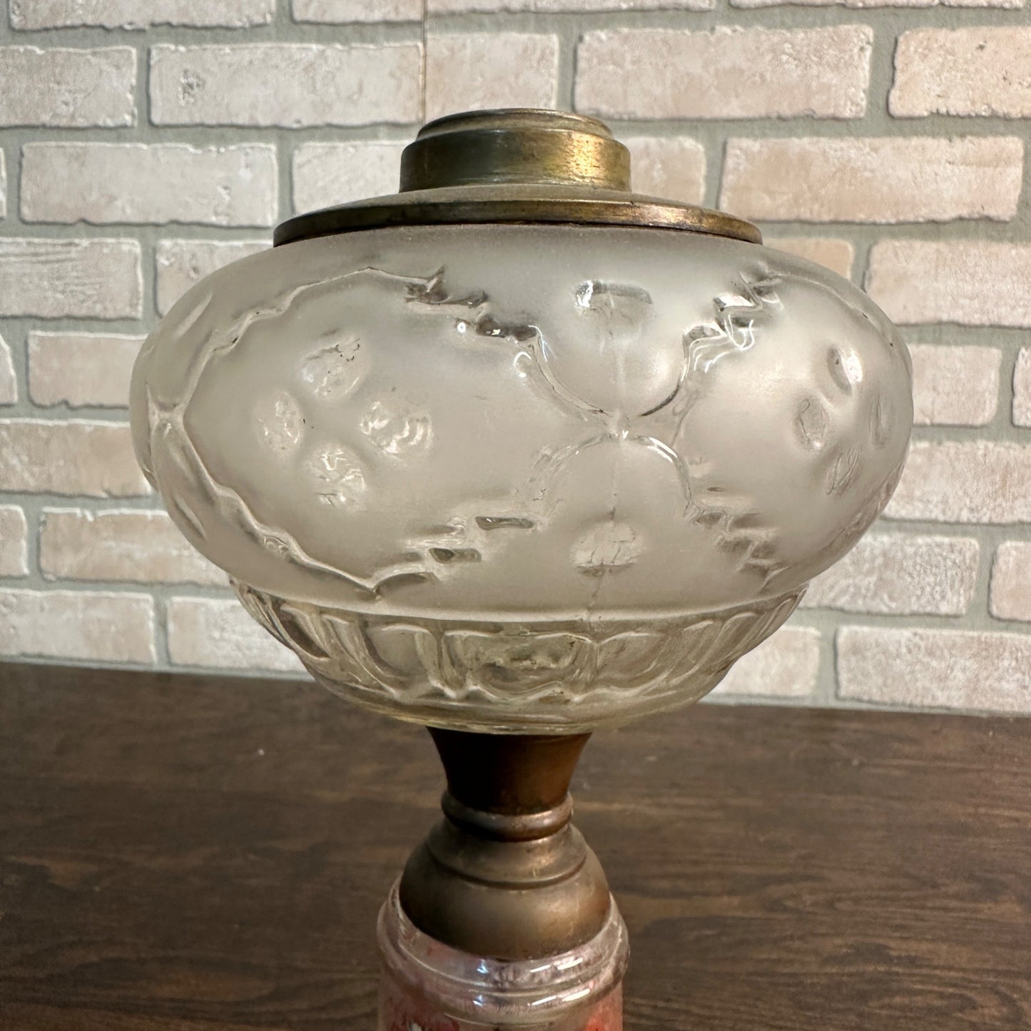 Antique Early 1900s Pedestal 12" Oil Kerosene Lamp Burner w/ Reverse Paint Glass