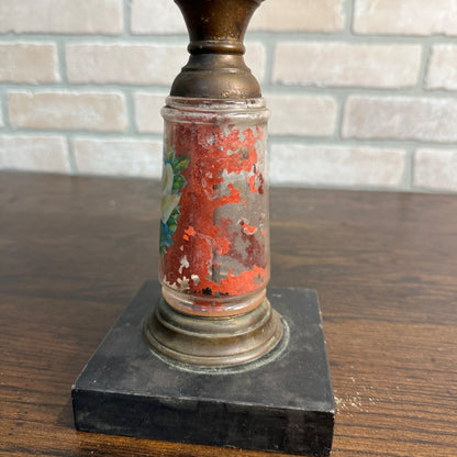 Antique Early 1900s Pedestal 12" Oil Kerosene Lamp Burner w/ Reverse Paint Glass