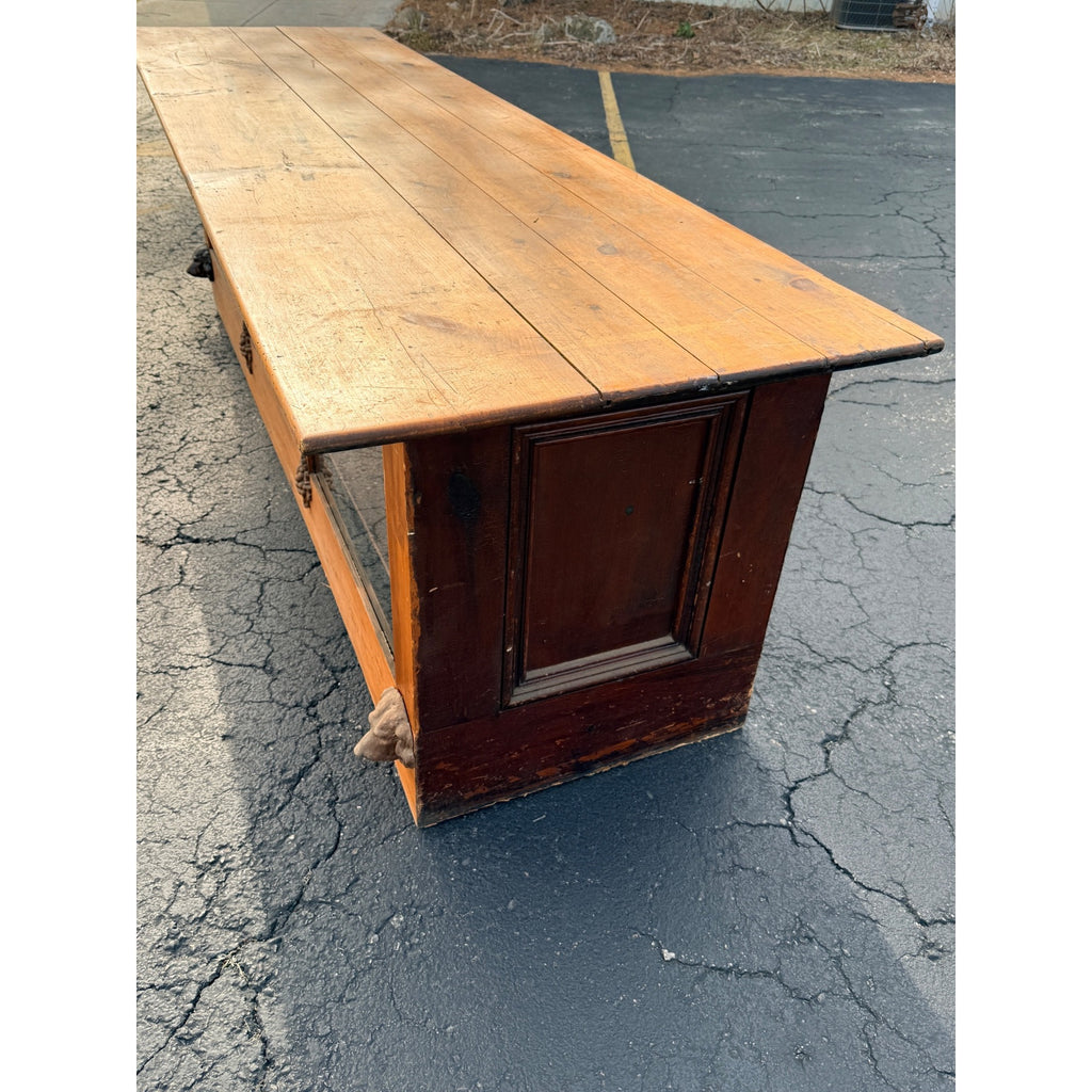 Antique 8ft General Store Display Counter Cabinet w/ Glass, Dog Head & Grape Carvings – c.1900