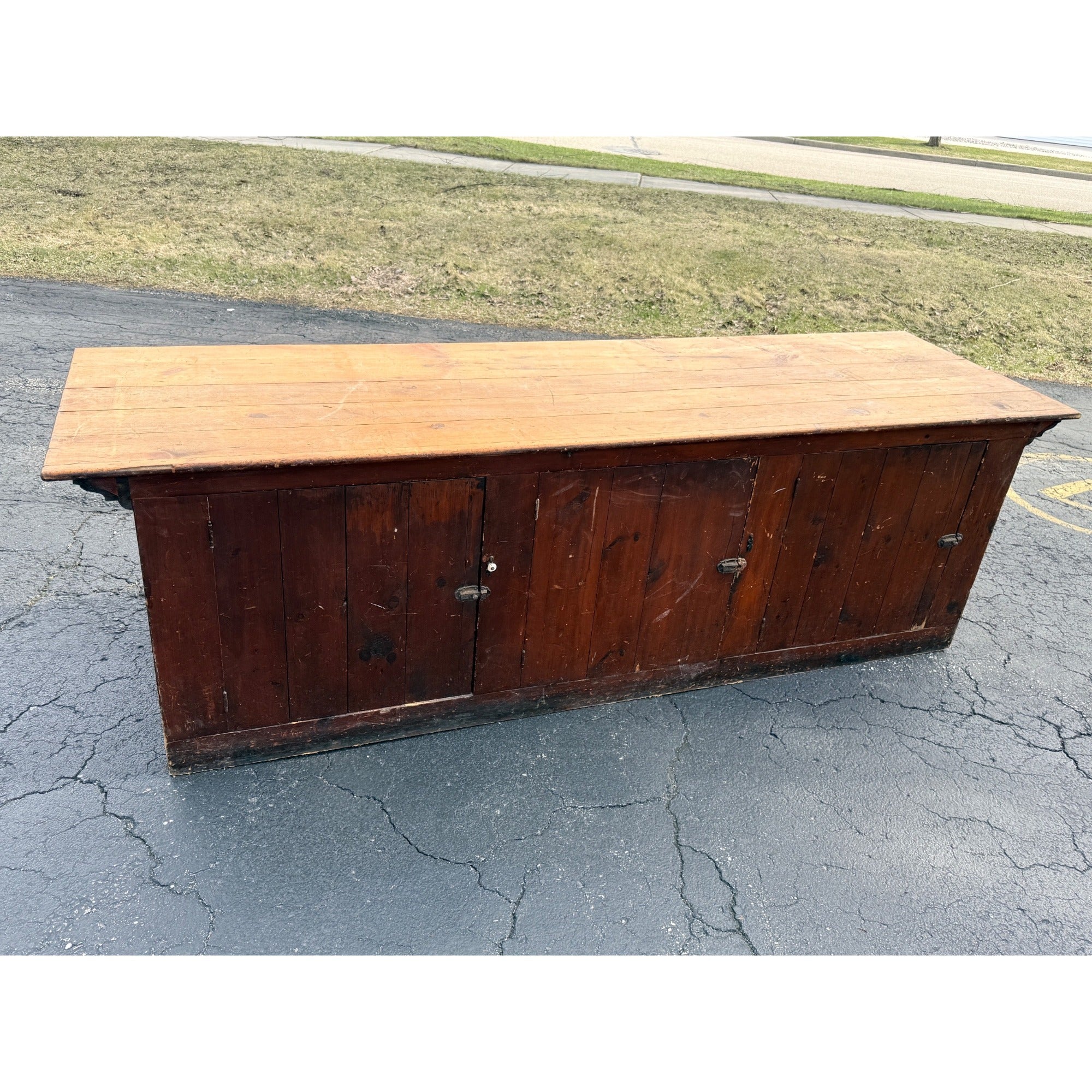 Antique 8ft General Store Display Counter Cabinet w/ Glass, Dog Head & Grape Carvings – c.1900